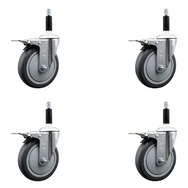 5'' Thermoplastic Rubber Swivel 7/8'' Expanding Stem Caster Set Total Lock Brake, 4PK